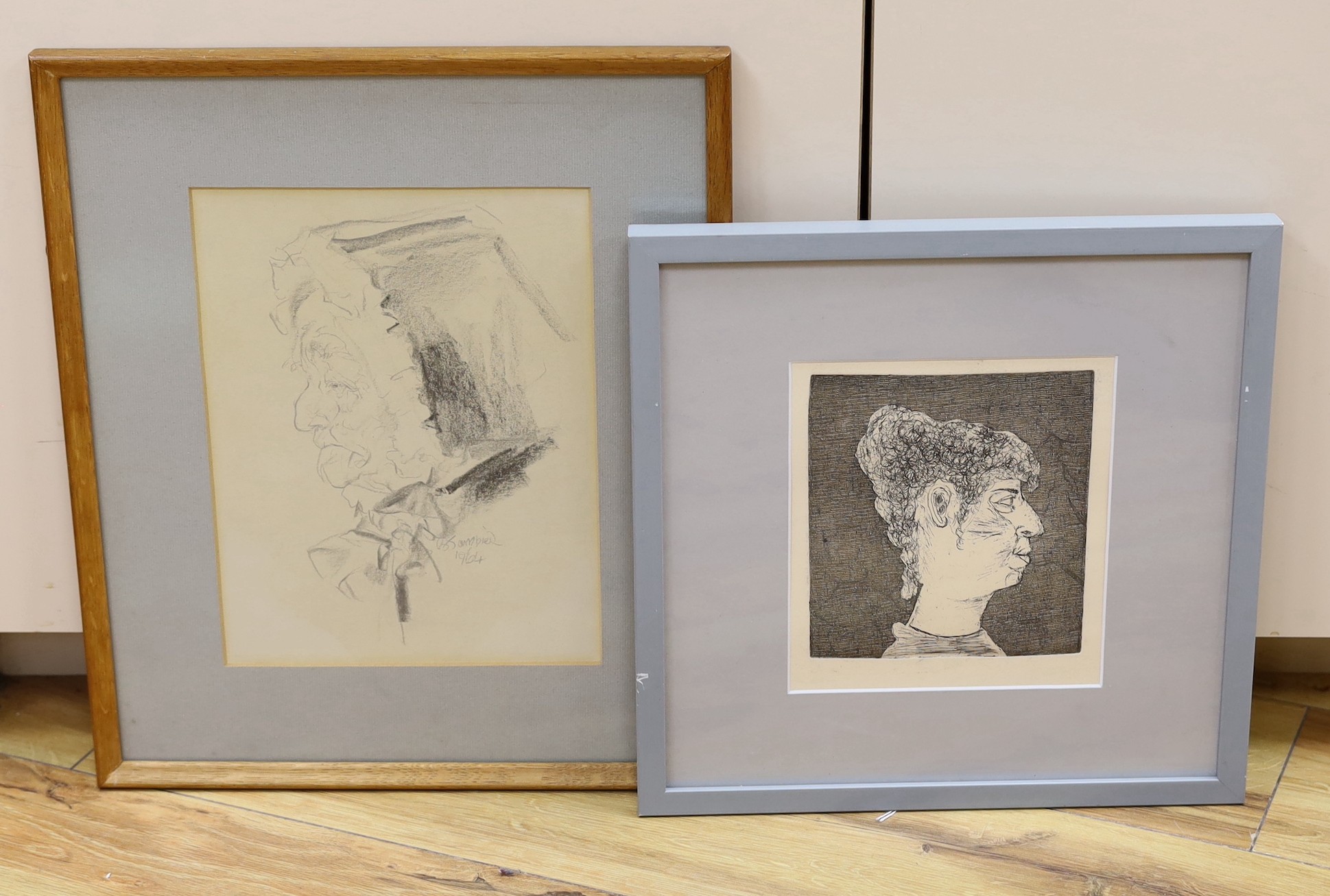 Edmund Blampied (1886-1966), pencil drawing, Head of an old woman, signed and dated 1964, 26 x 20cm and an etching of a woman by another hand